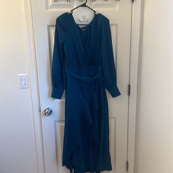 Size Small. Express Satin Striped Surplice Ruffle Hi-Lo Maxi Dress - Picture 2 of 2